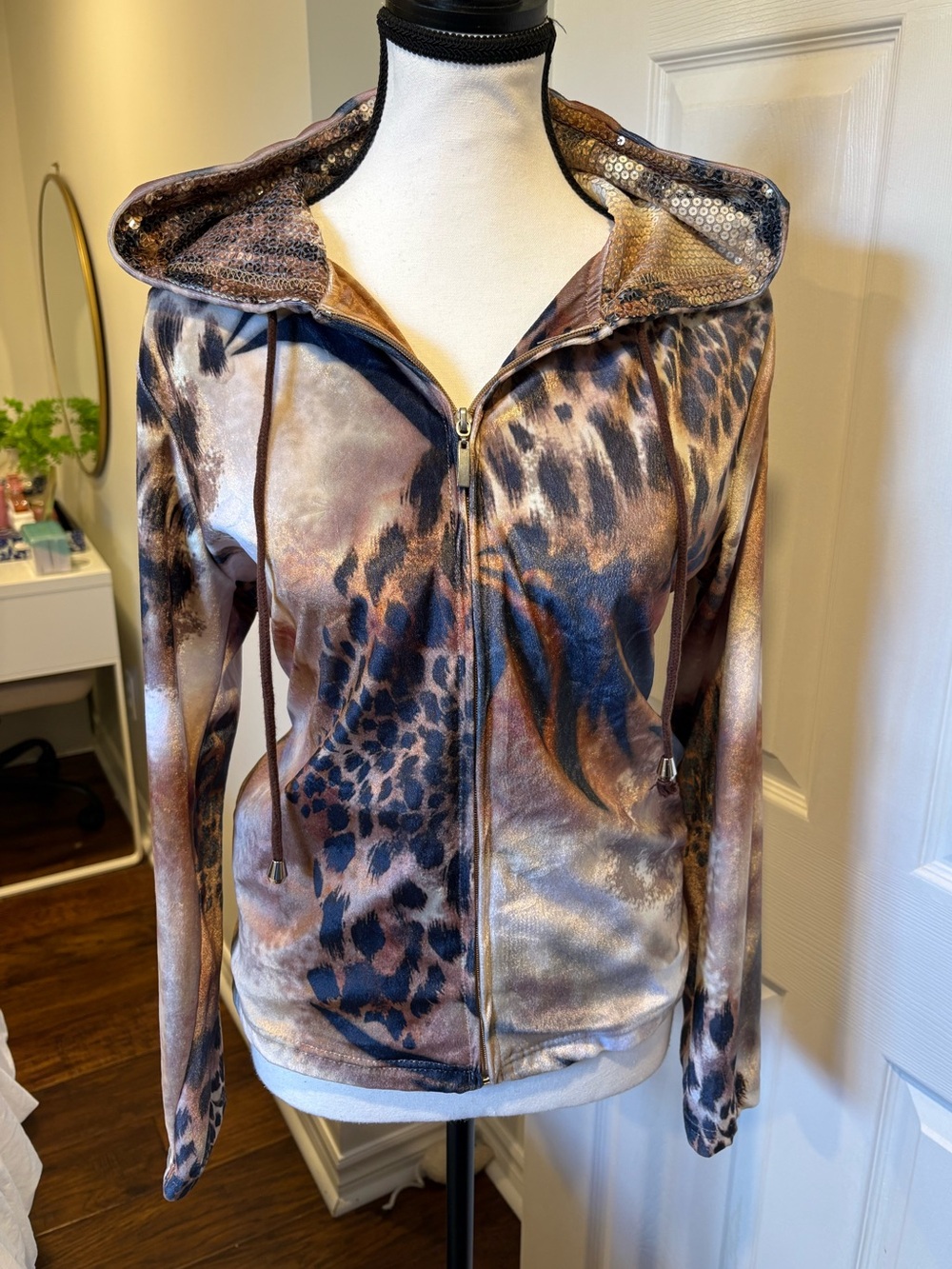 Kaktus Y2K Leopard Velour Sequin Zip Up Hoodie Women’s Small